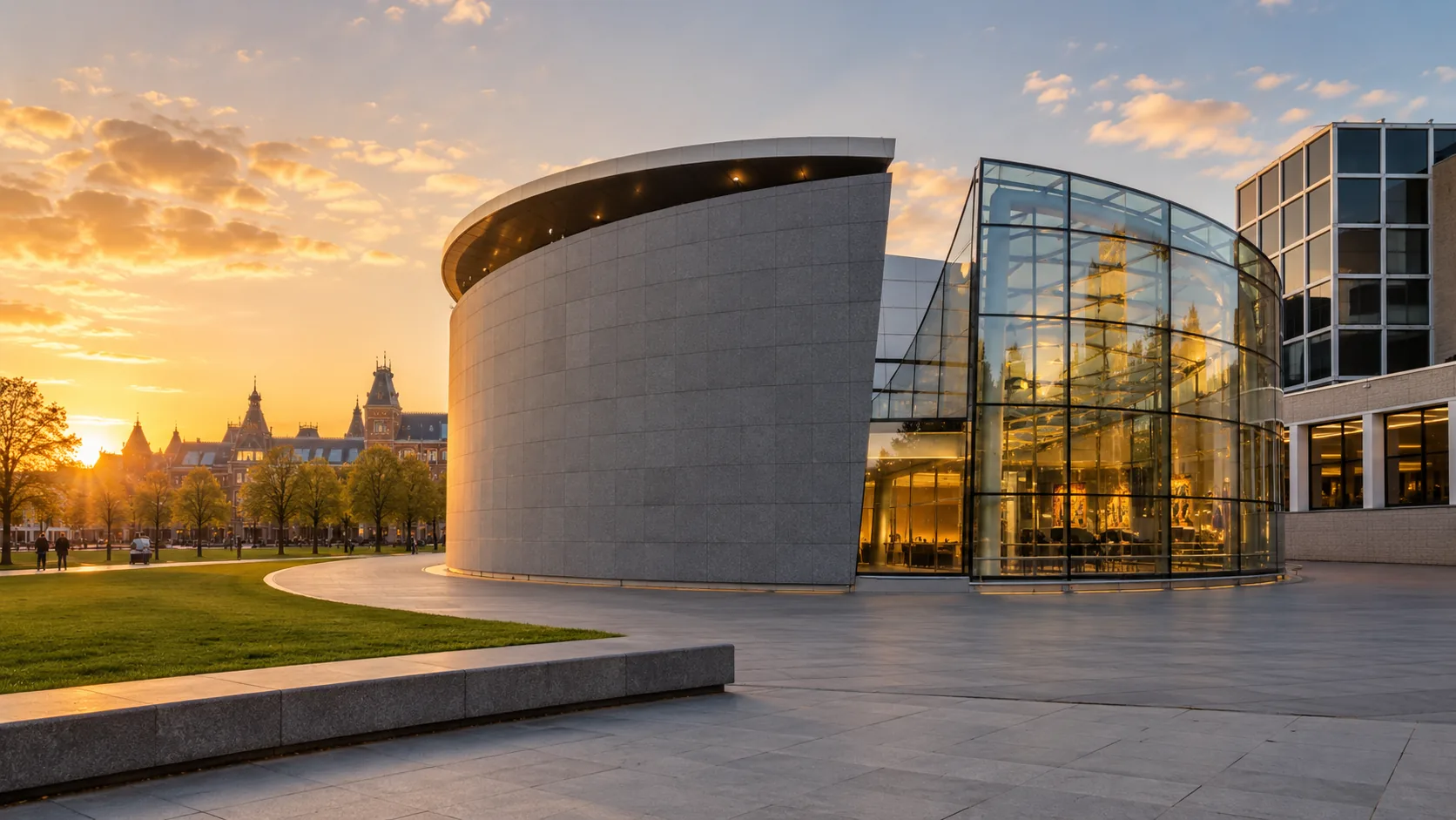 Van Gogh Museum building at sunset in Amsterdam