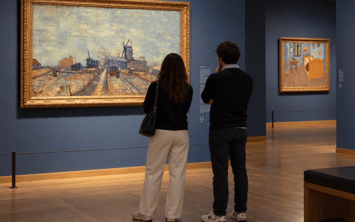 Visitors admiring Van Gogh paintings in a museum gallery