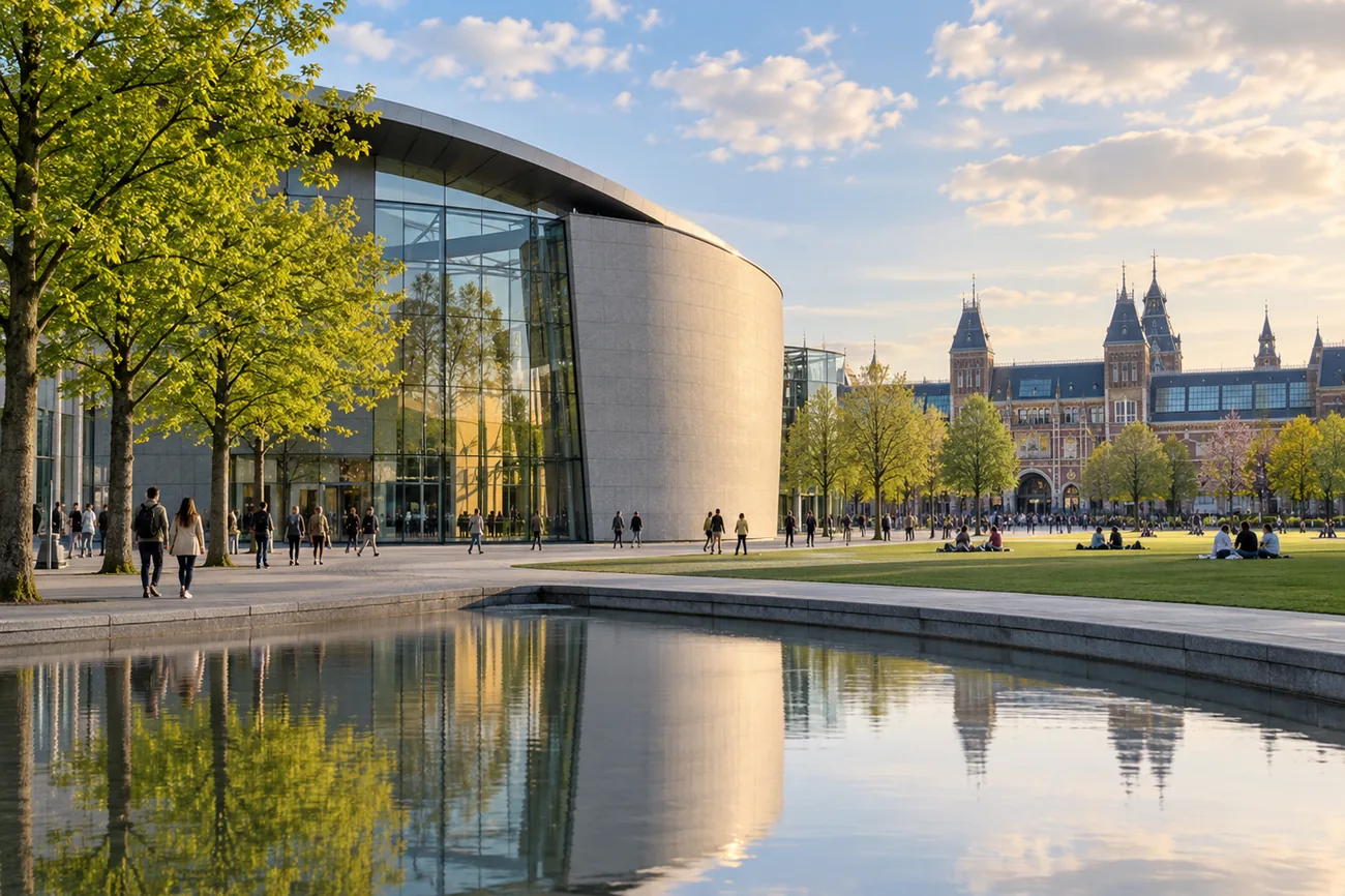 Van Gogh Museum building reflected in the pond at Museumplein