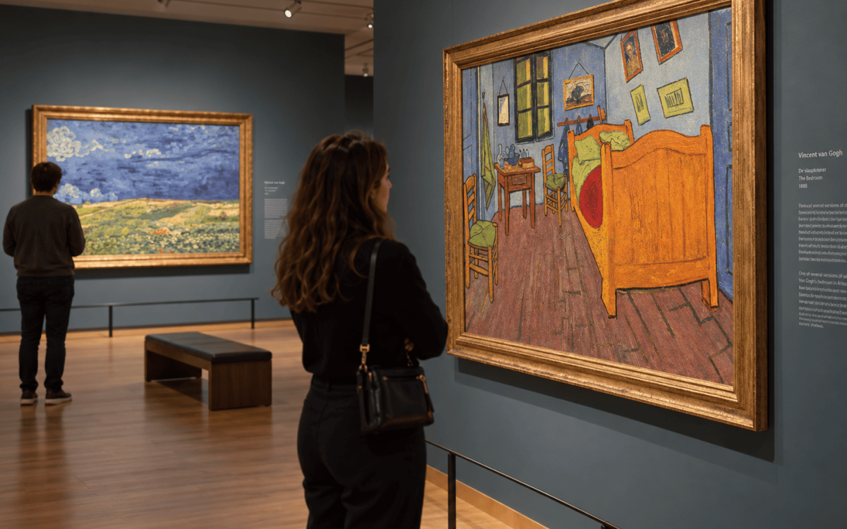 Visitor viewing Van Gogh paintings in a gallery room